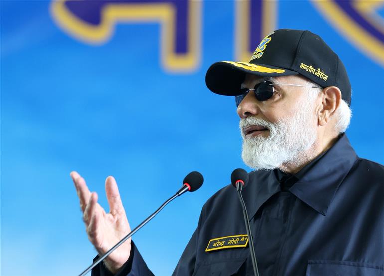 PM addressing the armed forces personnel during Diwali celebration on board the INS Vikrant on October 20, 2025.