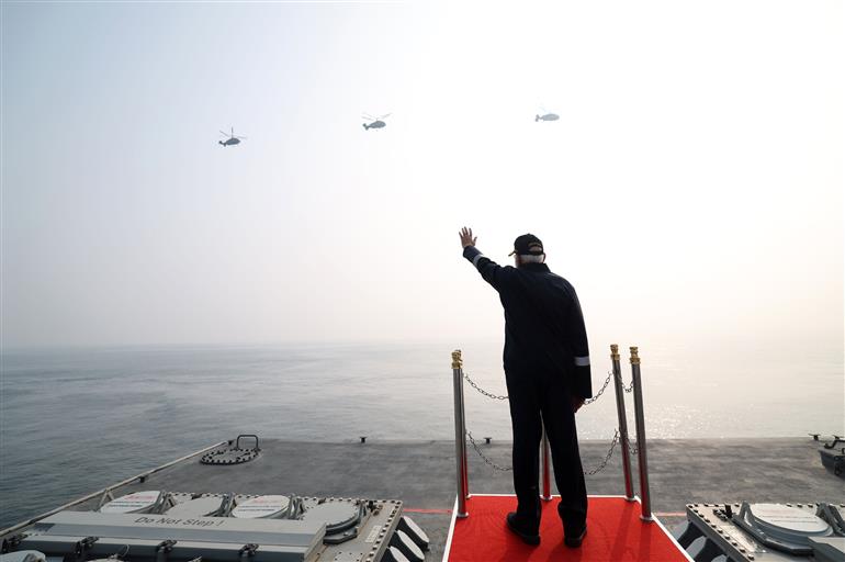 PM witnesses Steampast and Flypast at INS Vikrant on October 20, 2025.