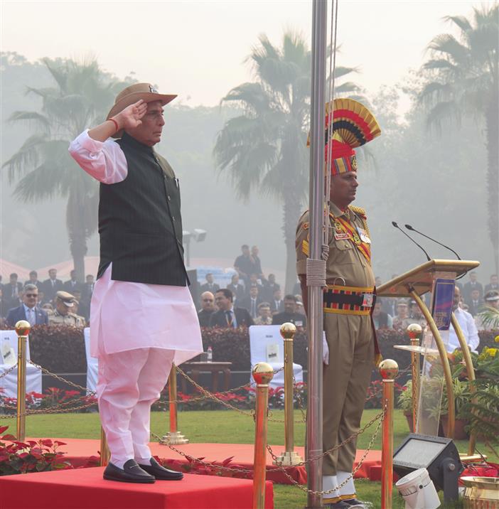 The Union Minister for Defence, Shri Rajnath Singh lays wreath and pays glowing tributes to police & paramilitary forces for their service to the nation on the occasion of Police Commemoration Day at National Police Memorial, in New Delhi on October 21, 2025.