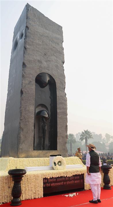 The Union Minister for Defence, Shri Rajnath Singh lays wreath and pays glowing tributes to police & paramilitary forces for their service to the nation on the occasion of Police Commemoration Day at National Police Memorial, in New Delhi on October 21, 2025.