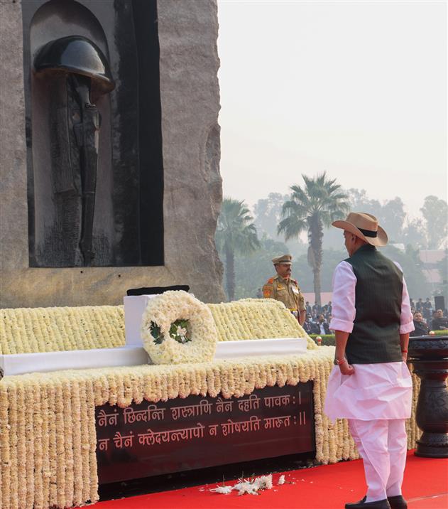 The Union Minister for Defence, Shri Rajnath Singh lays wreath and pays glowing tributes to police & paramilitary forces for their service to the nation on the occasion of Police Commemoration Day at National Police Memorial, in New Delhi on October 21, 2025.