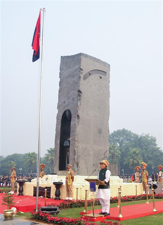 The Union Minister for Defence, Shri Rajnath Singh addressing the police & paramilitary forces during the celebrations to marking the Police Commemoration Day at National Police Memorial, in New Delhi on October 21, 2025.