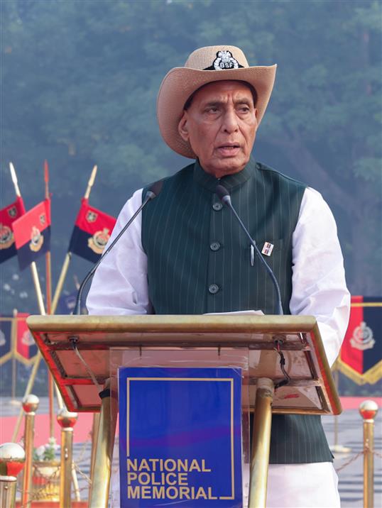 The Union Minister for Defence, Shri Rajnath Singh addressing the police & paramilitary forces during the celebrations to marking the Police Commemoration Day at National Police Memorial, in New Delhi on October 21, 2025.