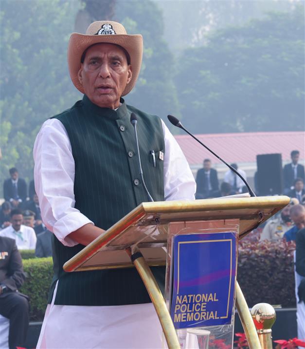 The Union Minister for Defence, Shri Rajnath Singh addressing the police & paramilitary forces during the celebrations to marking the Police Commemoration Day at National Police Memorial, in New Delhi on October 21, 2025.