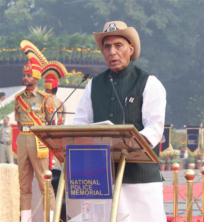 The Union Minister for Defence, Shri Rajnath Singh addressing the police & paramilitary forces during the celebrations to marking the Police Commemoration Day at National Police Memorial, in New Delhi on October 21, 2025.