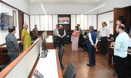 The Vice-President of India & Chairman of the Rajya Sabha, Shri C. P. Radhakrishnan visited various sections of the Rajya Sabha Secretariat, including the Table Office, Legislative Section, Question Branch, Members’ Salaries and Allowances Branch, Members’ Amenities Section, Bill Office, Notice Office, Lobby Office, and Reporters’ Branch at Parliament House, in New Delhi on October 21, 2025.