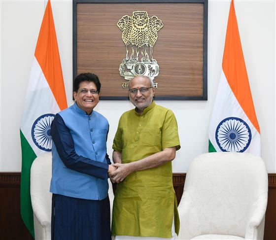 The Union Minister for Commerce and Industry, Shri Piyush Goyal along with senior officials of the Ministry called on Vice-President of India & Chairman of the Rajya Sabha, Shri C. P. Radhakrishnan at Parliament House, in New Delhi on October 21, 2025.
