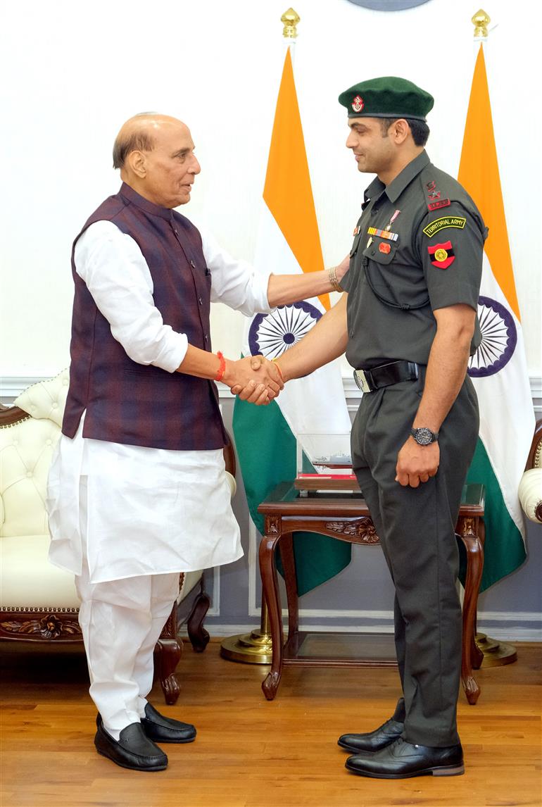 The Union Minister for Defence, Shri Rajnath Singh conferred the gleaming insignia of Honorary rank of Lieutenant Colonel in the Territorial Army upon star javelin thrower and two-time Olympic medalist Neeraj Chopra during the pipping ceremony in South Block, New Delhi on October 22, 2025.