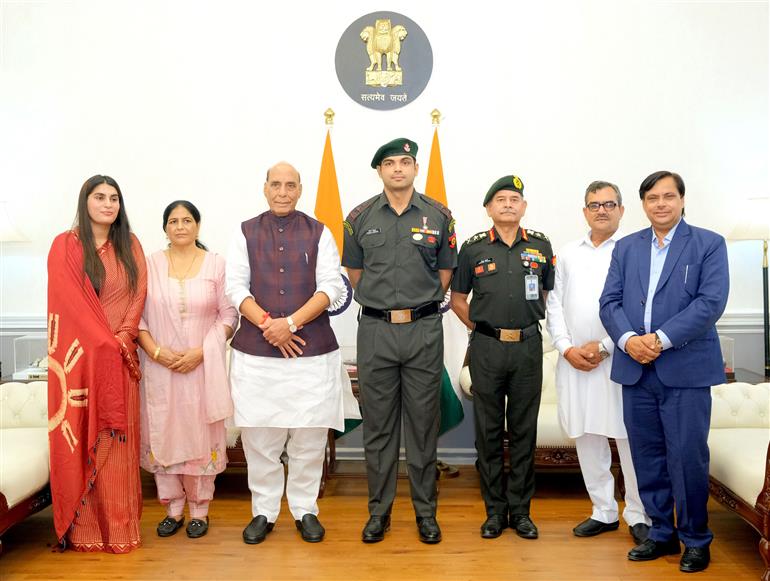 The Union Minister for Defence, Shri Rajnath Singh conferred the gleaming insignia of Honorary rank of Lieutenant Colonel in the Territorial Army upon star javelin thrower and two-time Olympic medalist Neeraj Chopra during the pipping ceremony in South Block, New Delhi on October 22, 2025.