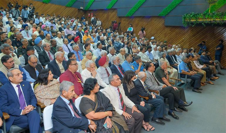 Gathering at the book release event for ‘Civil- Military Fusion as a Metric of National Power and Comprehensive Security’, written by Lt. Gen (Retd) Raj Shukla, in New Delhi on October 22, 2025. The Union Minister for Defence, Shri Rajnath Singh addressing on the occasion.