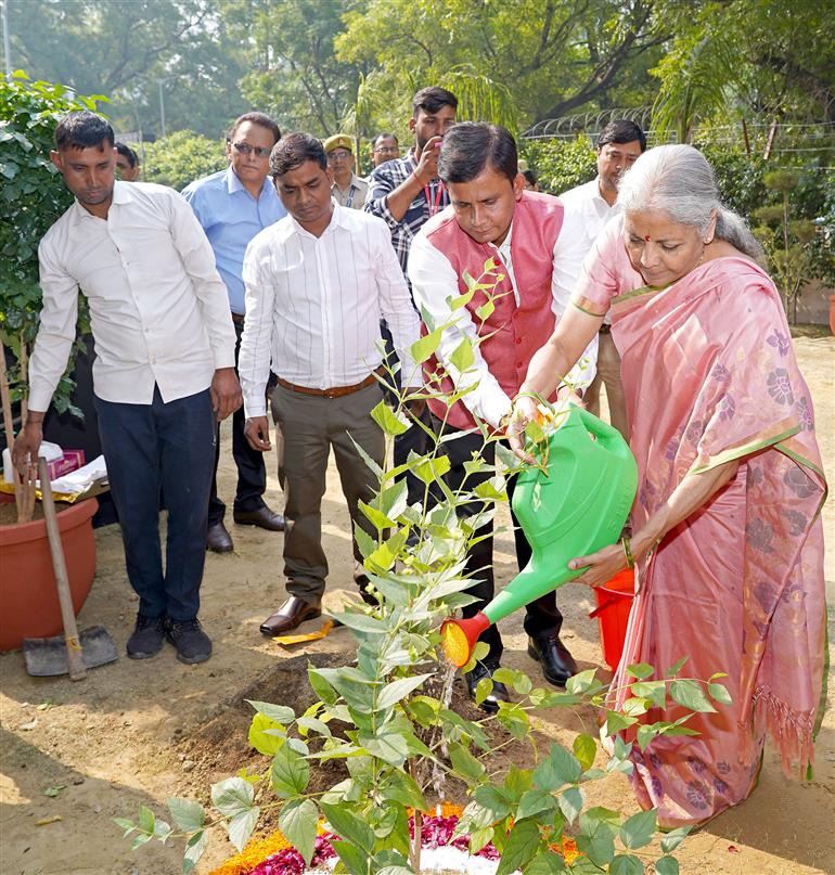 The Union Minister for Finance and Corporate Affairs Smt. Nirmala Sitharaman planting a sapling during the inauguration of the New Office Building of CGST Bhawan at Ghaziabad, in Uttar Pradesh on October 24, 2025.