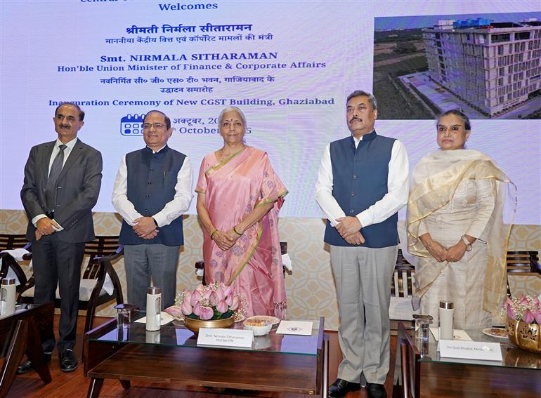 The Union Minister for Finance and Corporate Affairs Smt. Nirmala Sitharaman at the inauguration of the New Office Building of CGST Bhawan at Ghaziabad, in Uttar Pradesh on October 24, 2025.