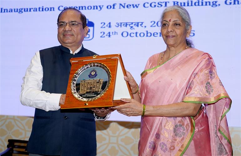 The Union Minister for Finance and Corporate Affairs Smt. Nirmala Sitharaman at the inauguration of the New Office Building of CGST Bhawan at Ghaziabad, in Uttar Pradesh on October 24, 2025.