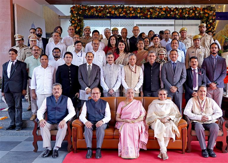 The Union Minister for Finance and Corporate Affairs Smt. Nirmala Sitharaman in a group photograph at the inauguration of the New Office Building of CGST Bhawan at Ghaziabad, in Uttar Pradesh on October 24, 2025.