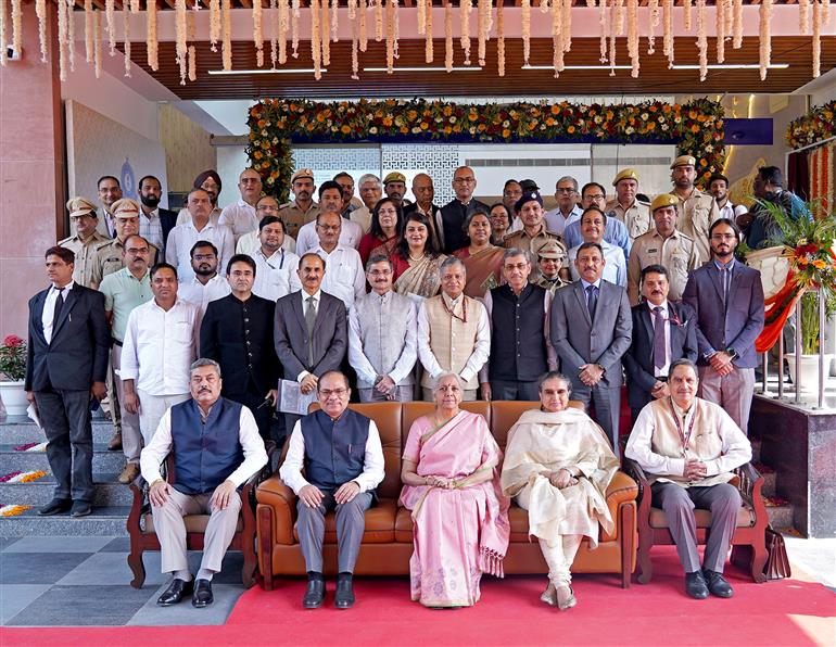 The Union Minister for Finance and Corporate Affairs Smt. Nirmala Sitharaman in a group photograph at the inauguration of the New Office Building of CGST Bhawan at Ghaziabad, in Uttar Pradesh on October 24, 2025.