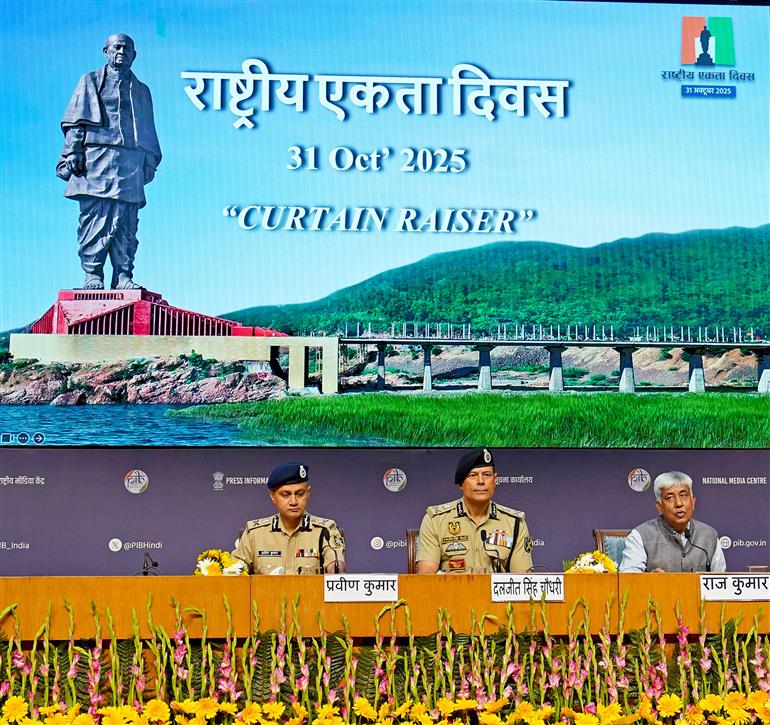 Director General, Border Security Force (BSF), Shri Daljit Singh Chaudhary addressing a Curtain Raiser Press Conference on Rashtriya Ekta Diwas-2025 celebration at National Media Centre, in New Delhi on October 24, 2025.