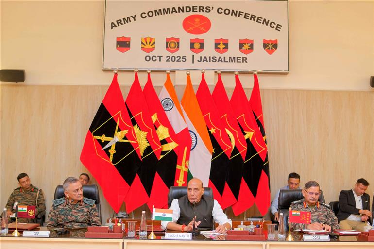 The Union Minister for Defence, Shri Rajnath Singh addressing at the Army Commanders’ Conference at Jaisalmer, in Rajasthan on October 24, 2025.
