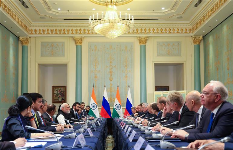 PM in a bilateral meeting with the President of Russia, Mr. Vladimir Putin in Tianjin, China on September 01, 2025.:Prime Minister's Office PM in a bilateral meeting with the President of Russia, Mr. Vladimir Putin in Tianjin, China on September 01, 2025.:Prime Minister