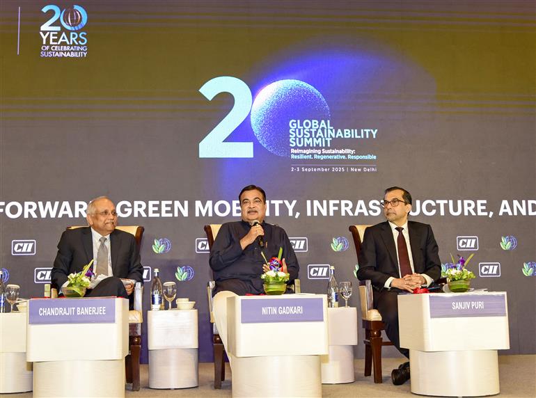 The Union Minister of Road Transport and Highways, Shri Nitin Gadkari addressing the 20th Global Sustainability Summit, in New Delhi on September 02, 2025.