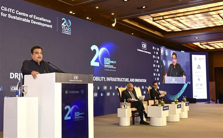 The Union Minister of Road Transport and Highways, Shri Nitin Gadkari addressing the 20th Global Sustainability Summit, in New Delhi on September 02, 2025.