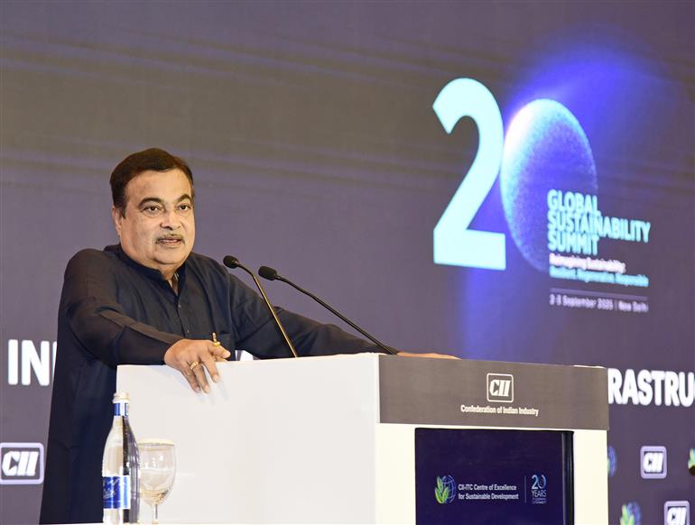 The Union Minister of Road Transport and Highways, Shri Nitin Gadkari addressing the 20th Global Sustainability Summit, in New Delhi on September 02, 2025.