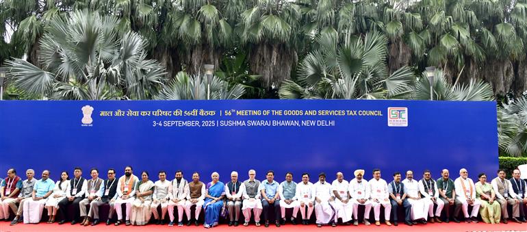 The Union Minister for Finance and Corporate Affairs, Smt. Nirmala Sitharaman in a group photograph during the 56th meeting of the GST Council, in New Delhi on September 03, 2025.:Ministry of Finance