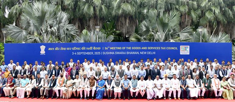 The Union Minister for Finance and Corporate Affairs, Smt. Nirmala Sitharaman in a group photograph during the 56th meeting of the GST Council, in New Delhi on September 03, 2025.:Ministry of Finance