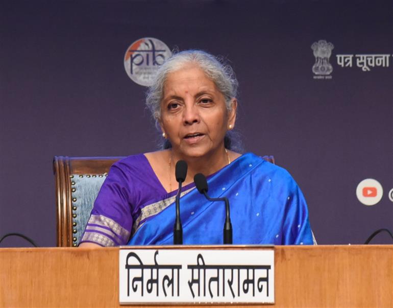 The Union Minister for Finance and Corporate Affairs, Smt. Nirmala Sitharaman briefing the media on the 56th GST Council meeting at National Media Centre, in New Delhi on September 03, 2025.:Ministry of Finance