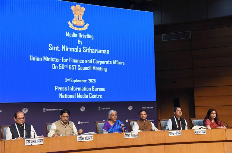 The Union Minister for Finance and Corporate Affairs, Smt. Nirmala Sitharaman briefing the media on the 56th GST Council meeting at National Media Centre, in New Delhi on September 03, 2025.:Ministry of Finance