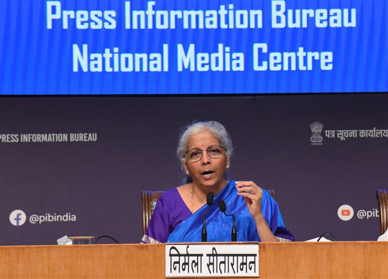 The Union Minister for Finance and Corporate Affairs, Smt. Nirmala Sitharaman briefing the media on the 56th GST Council meeting at National Media Centre, in New Delhi on September 03, 2025.:Ministry of Finance