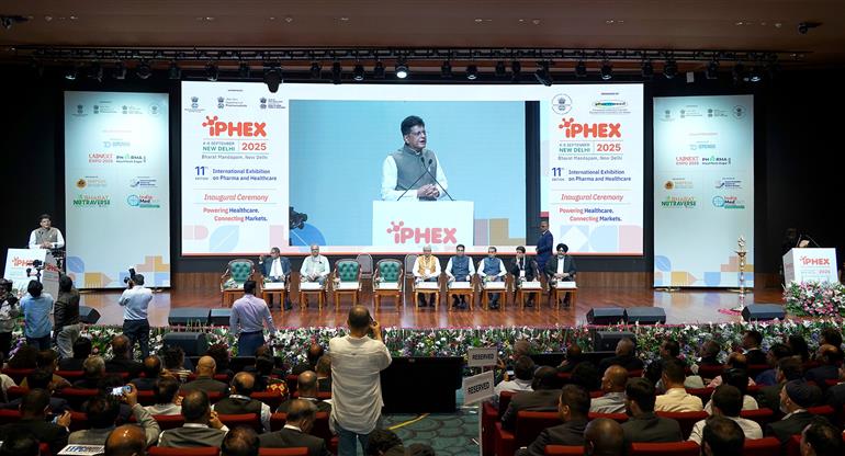 The Union Minister for Commerce and Industry, Shri Piyush Goyal addressing the gathering at the inaugural ceremony of iPHEX’s 11th edition of International Exhibition on Pharma and Healhcare at Bharat Mandapam, in New Delhi on September 04, 2025.