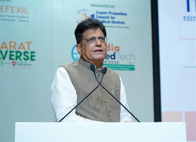 The Union Minister for Commerce and Industry, Shri Piyush Goyal addressing the gathering at the inaugural ceremony of iPHEX’s 11th edition of International Exhibition on Pharma and Healhcare at Bharat Mandapam, in New Delhi on September 04, 2025.