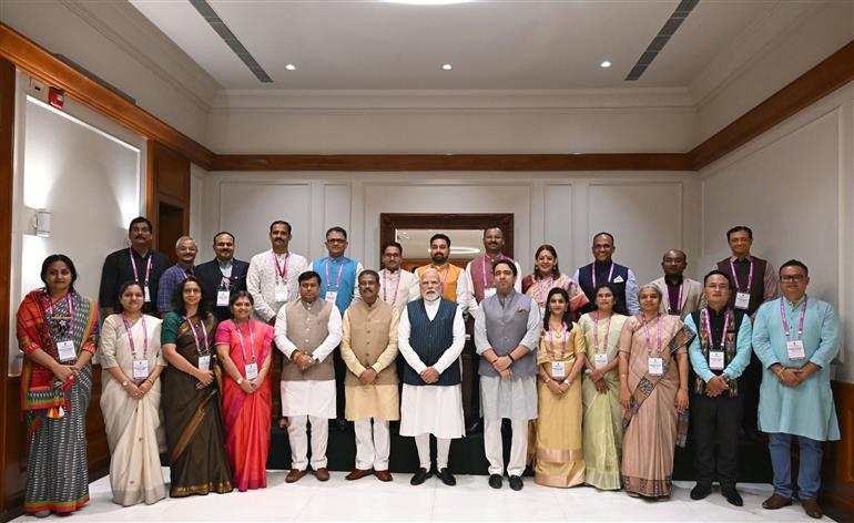 PM in a group photograph with the National Awardee Teachers on the eve of Teachers Day, in New Delhi on September 04, 2025.