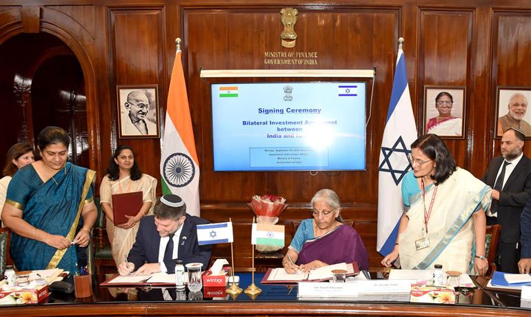 The Union Minister for Finance and Corporate Affairs, Smt. Nirmala Sitharaman and Finance Minister of Israel, Mr. Bezalel Smotrich at the Signing ceremony of Bilateral Investment Agreement between India and Israel, in New Delhi on September 08, 2025.