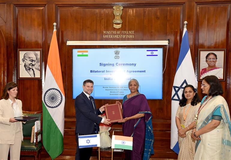 The Union Minister for Finance and Corporate Affairs, Smt. Nirmala Sitharaman and Finance Minister of Israel, Mr. Bezalel Smotrich at the Signing ceremony of Bilateral Investment Agreement between India and Israel, in New Delhi on September 08, 2025.