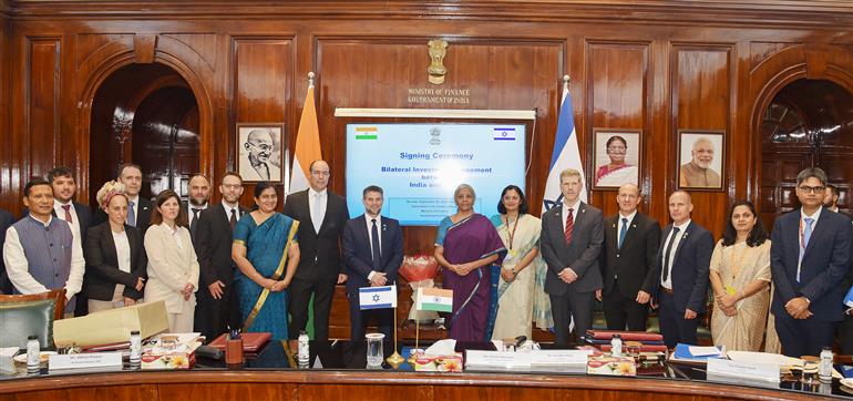The Union Minister for Finance and Corporate Affairs, Smt. Nirmala Sitharaman in a group photograph with the Finance Minister of Israel, Mr. Bezalel Smotrich at the Signing ceremony of Bilateral Investment Agreement between India and Israel, in New Delhi on September 08, 2025.