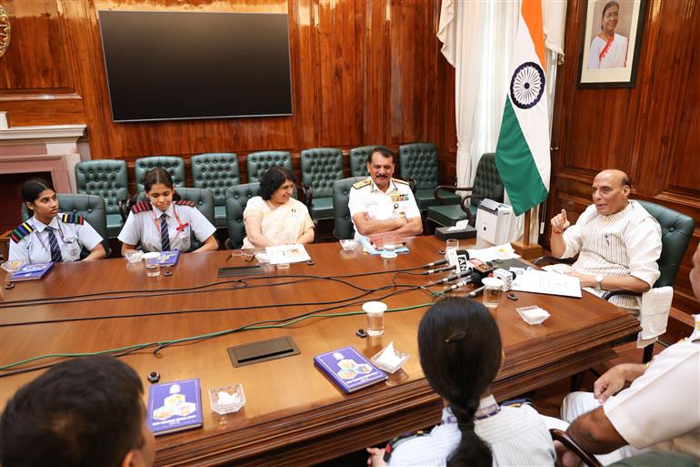 The Union Minister for Defence, Shri Rajnath Singh interacts with students of Navy Children School, Delhi as part of its Diamond Jubilee celebrations at South Block, in New Delhi on September 08, 2025. 