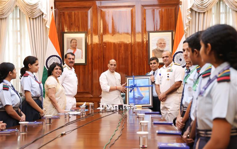 The Union Minister for Defence, Shri Rajnath Singh interacts with students of Navy Children School, Delhi as part of its Diamond Jubilee celebrations at South Block, in New Delhi on September 08, 2025. 