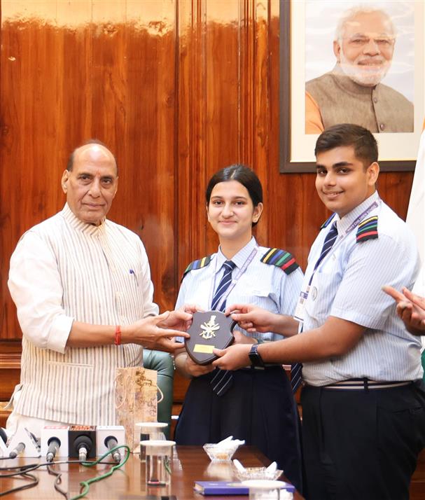 The Union Minister for Defence, Shri Rajnath Singh interacts with students of Navy Children School, Delhi as part of its Diamond Jubilee celebrations at South Block, in New Delhi on September 08, 2025. 