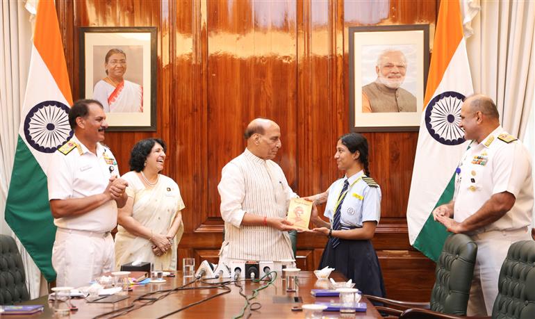 The Union Minister for Defence, Shri Rajnath Singh interacts with students of Navy Children School, Delhi as part of its Diamond Jubilee celebrations at South Block, in New Delhi on September 08, 2025. 