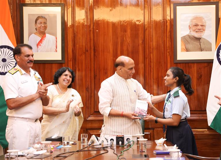 The Union Minister for Defence, Shri Rajnath Singh interacts with students of Navy Children School, Delhi as part of its Diamond Jubilee celebrations at South Block, in New Delhi on September 08, 2025. 