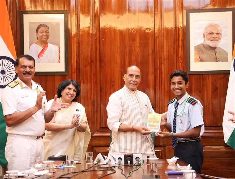 The Union Minister for Defence, Shri Rajnath Singh interacts with students of Navy Children School, Delhi as part of its Diamond Jubilee celebrations at South Block, in New Delhi on September 08, 2025. 