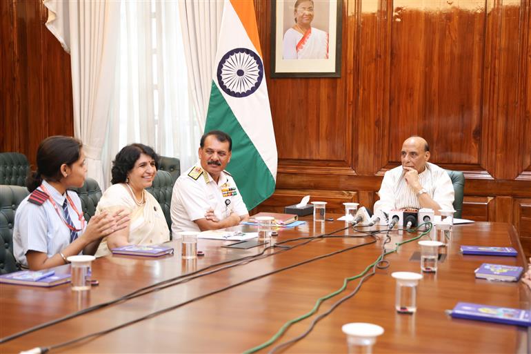 The Union Minister for Defence, Shri Rajnath Singh interacts with students of Navy Children School, Delhi as part of its Diamond Jubilee celebrations at South Block, in New Delhi on September 08, 2025. 