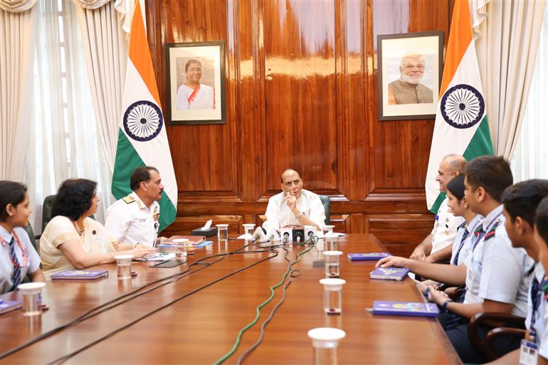 The Union Minister for Defence, Shri Rajnath Singh interacts with students of Navy Children School, Delhi as part of its Diamond Jubilee celebrations at South Block, in New Delhi on September 08, 2025. 
