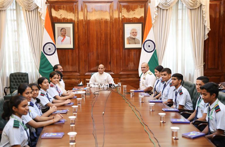 The Union Minister for Defence, Shri Rajnath Singh interacts with students of Navy Children School, Delhi as part of its Diamond Jubilee celebrations at South Block, in New Delhi on September 08, 2025. 