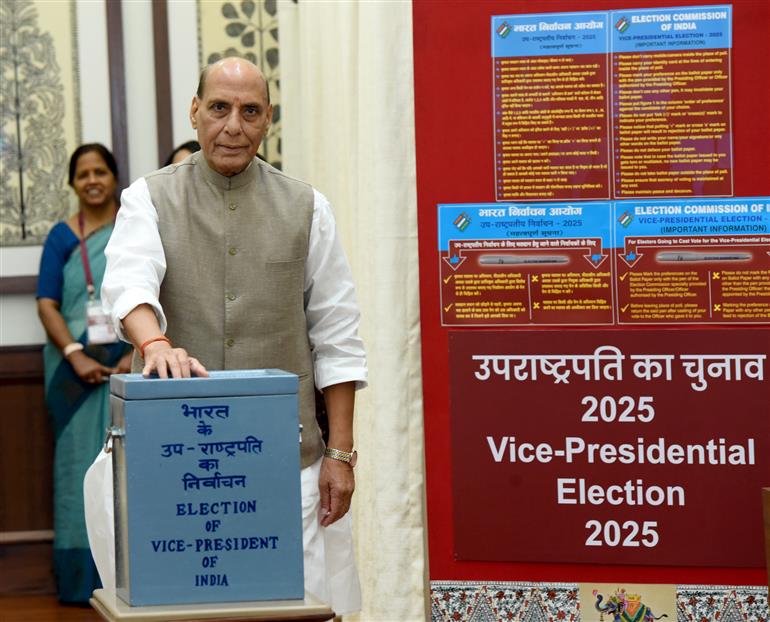 The Union Minister for Defence, Shri Rajnath Singh casts his vote for the Vice-Presidential Election 2025 at Parliament House, in New Delhi on September 09, 2025.