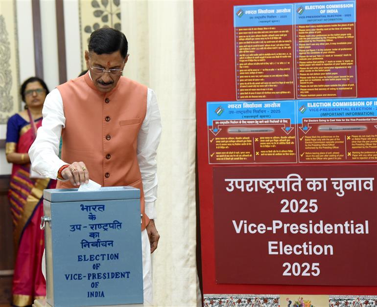 The Minister of State for Defence, Shri Sanjay Seth casts his vote for the Vice-Presidential Election 2025 at Parliament House, in New Delhi on September 09, 2025.