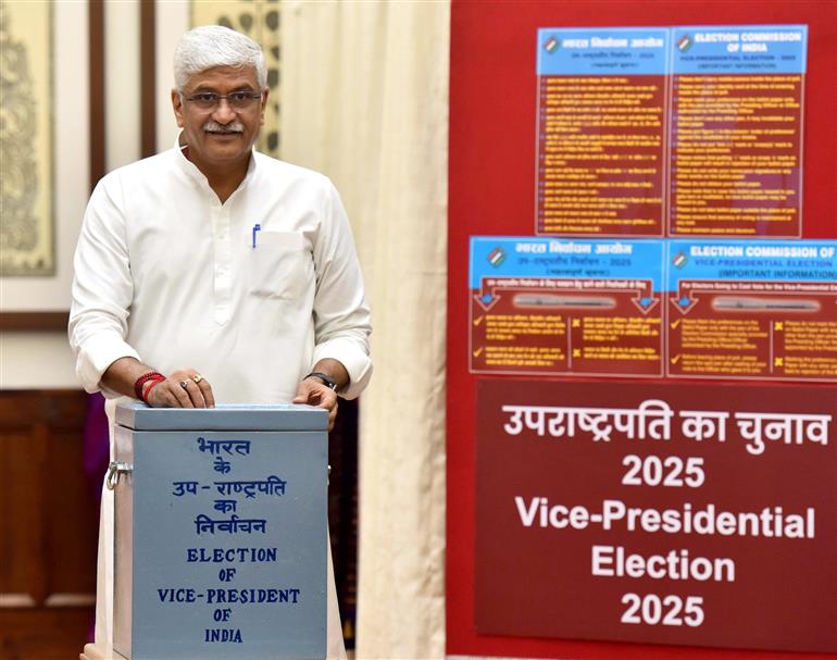 The Union Minister of Culture and Tourism, Shri Gajendra Singh Shekhawat casts his vote for the Vice-Presidential Election 2025 at Parliament House, in New Delhi on September 09, 2025.