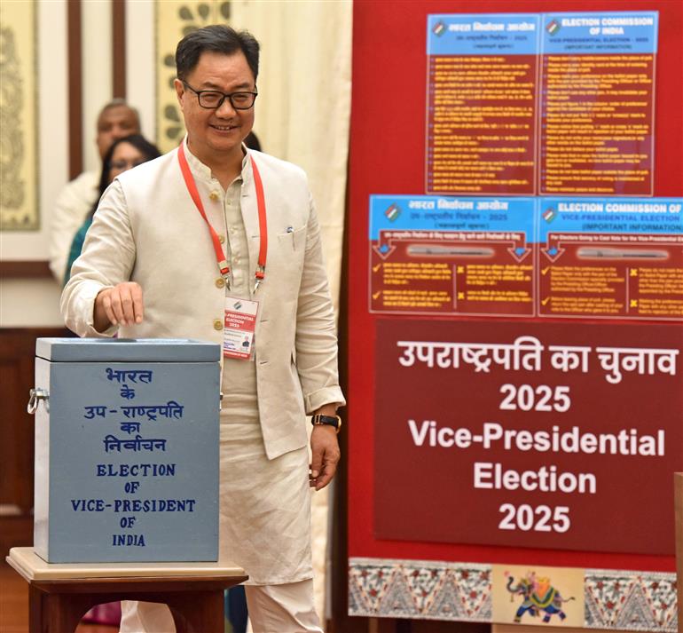 The Union Minister of Minority Affairs & Parliamentary Affairs, Shri Kiren Rijiju casts his vote for the Vice-Presidential Election 2025 at Parliament House, in New Delhi on September 09, 2025.