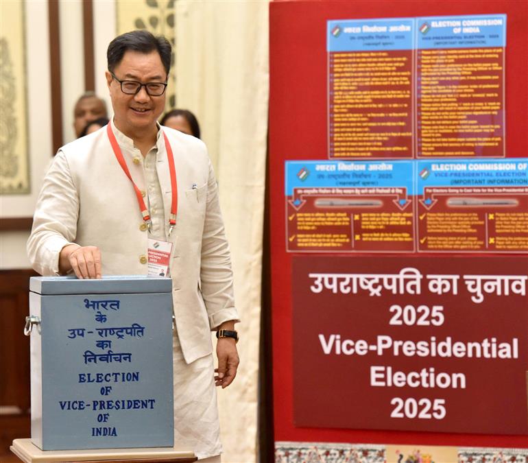 The Union Minister of Minority Affairs & Parliamentary Affairs, Shri Kiren Rijiju casts his vote for the Vice-Presidential Election 2025 at Parliament House, in New Delhi on September 09, 2025.